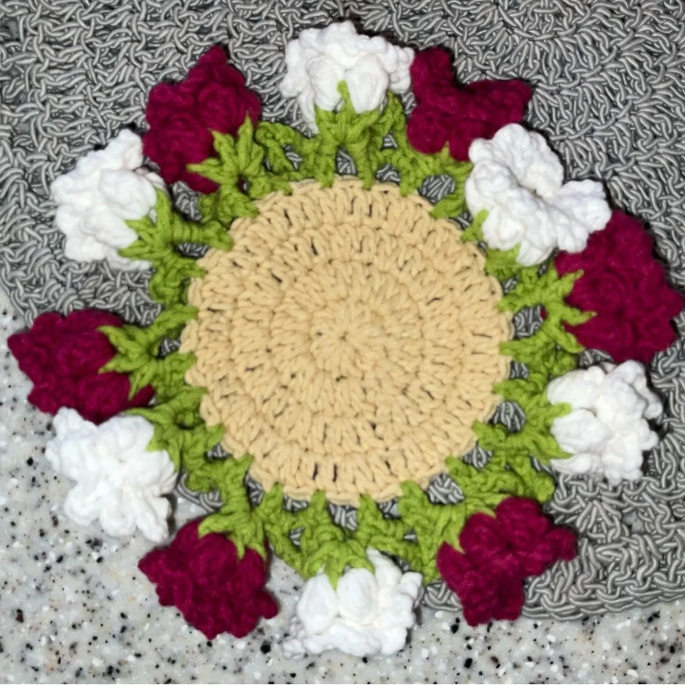Handmade Crochet Coaster 2 Tulip Flower with basket - Picture 2 of 5